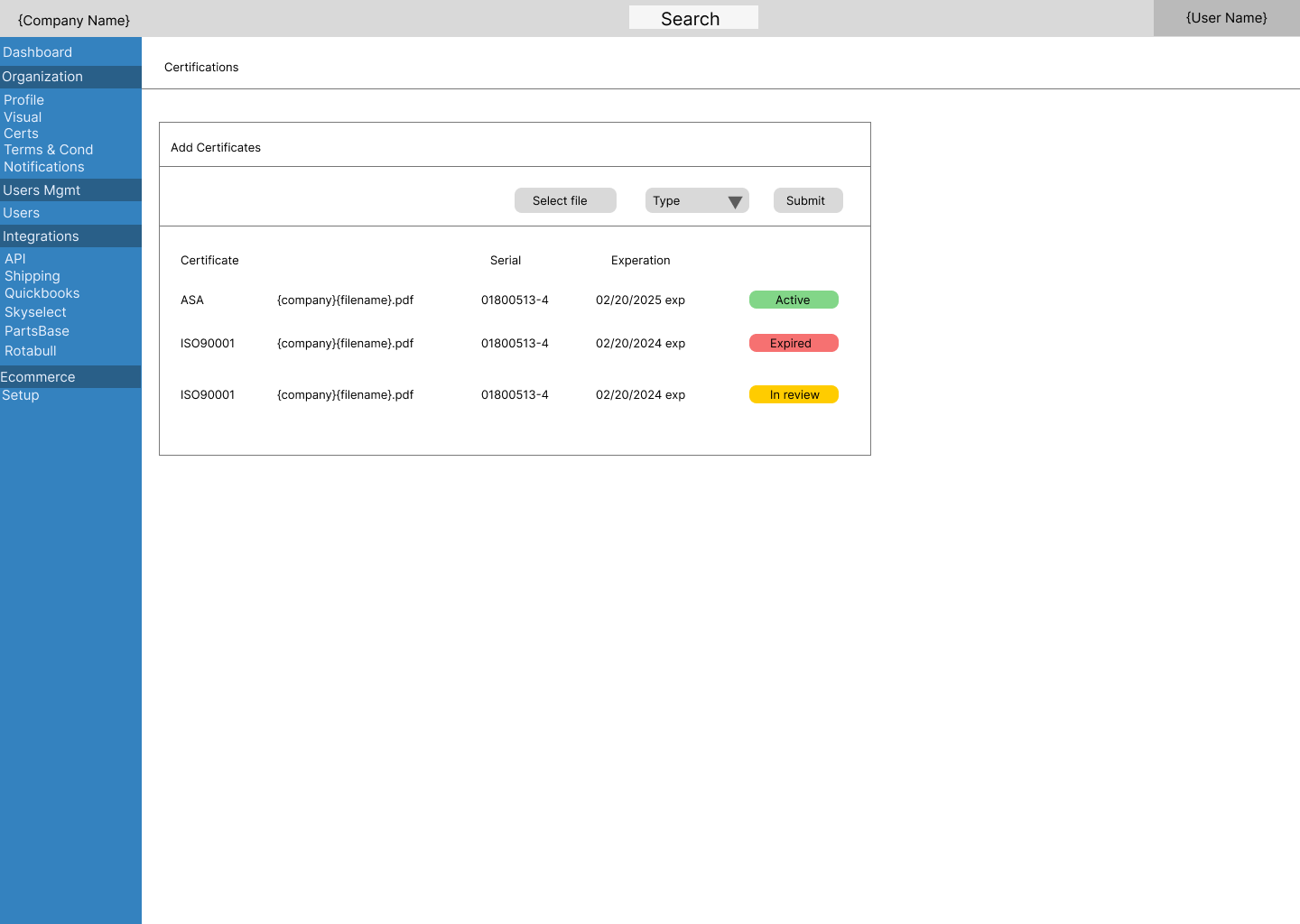 Certifications screen with an upload control and a table of certificates with Active, Expired, and In review status labels.