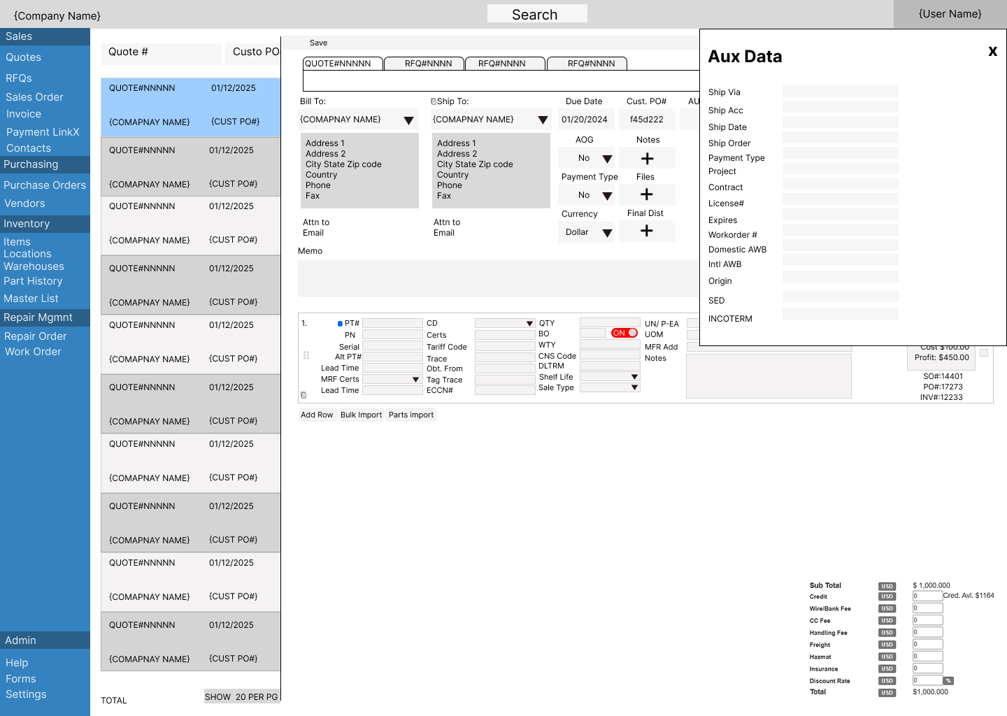 Quote editor with an Aux Data drawer open showing shipping and contract fields.