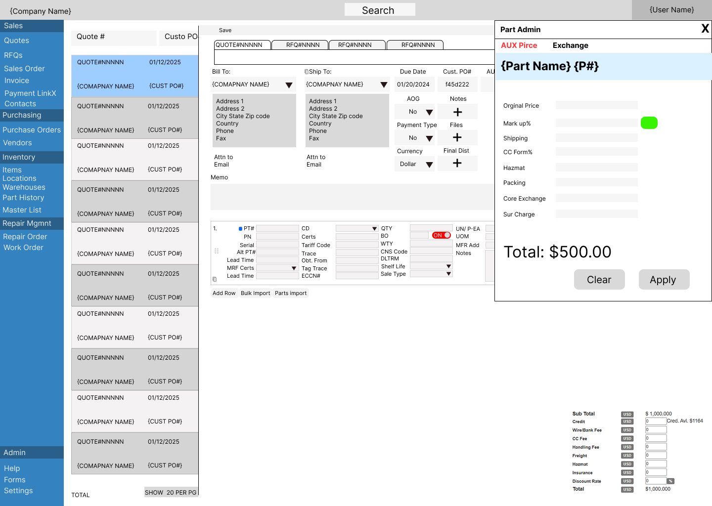 Quote editor with a Part Admin drawer open showing price, markup, shipping, and handling fields.
