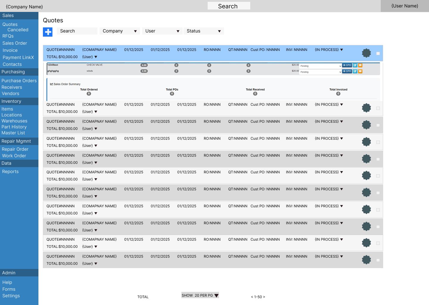 Quotes list with one row expanded to show line items with a create-PO button and a sales order summary of total ordered, POs, received, and invoiced.
