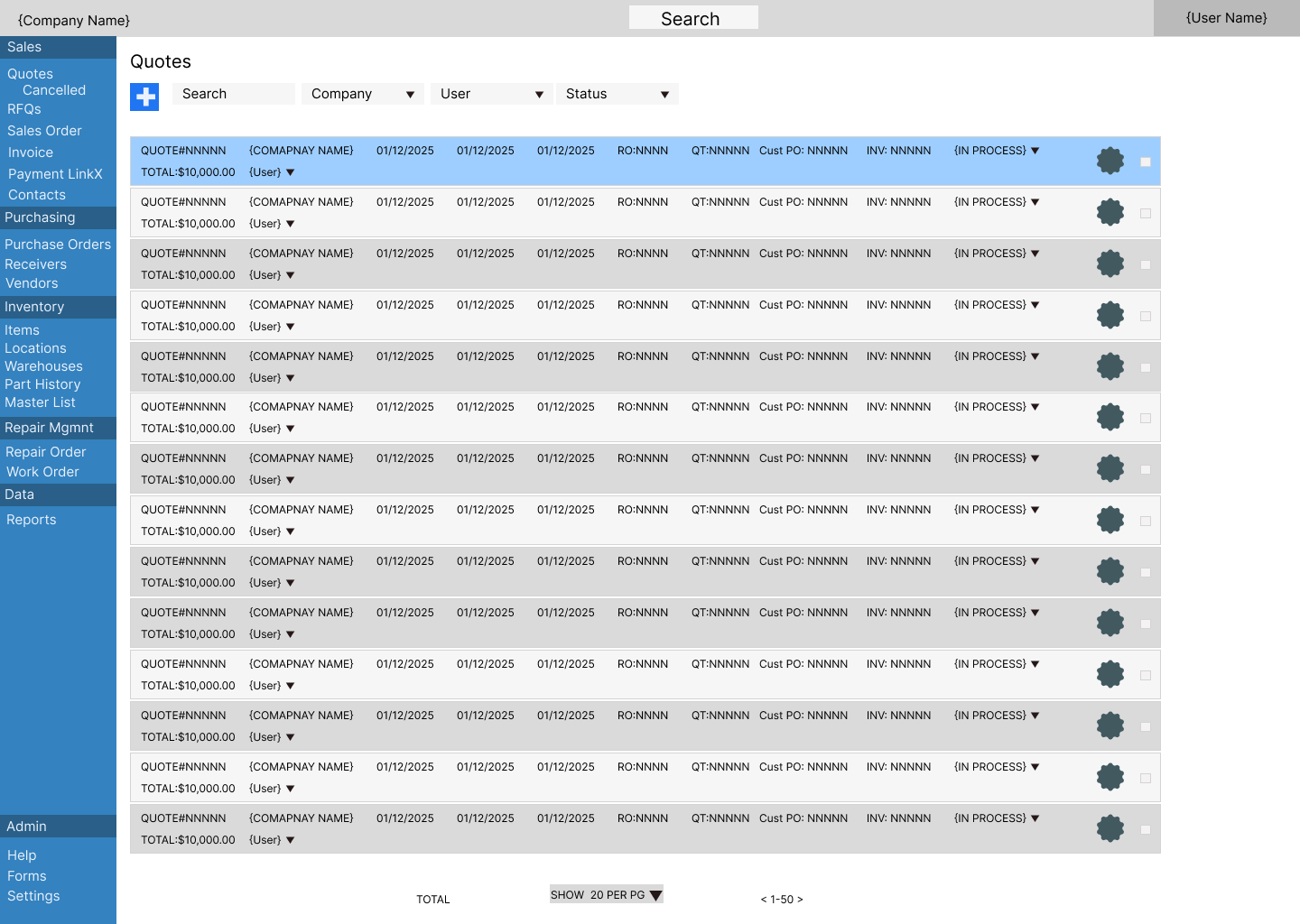 Quotes list with filters for company, user, and status, and rows showing quote number, dates, customer PO, invoice, and status.